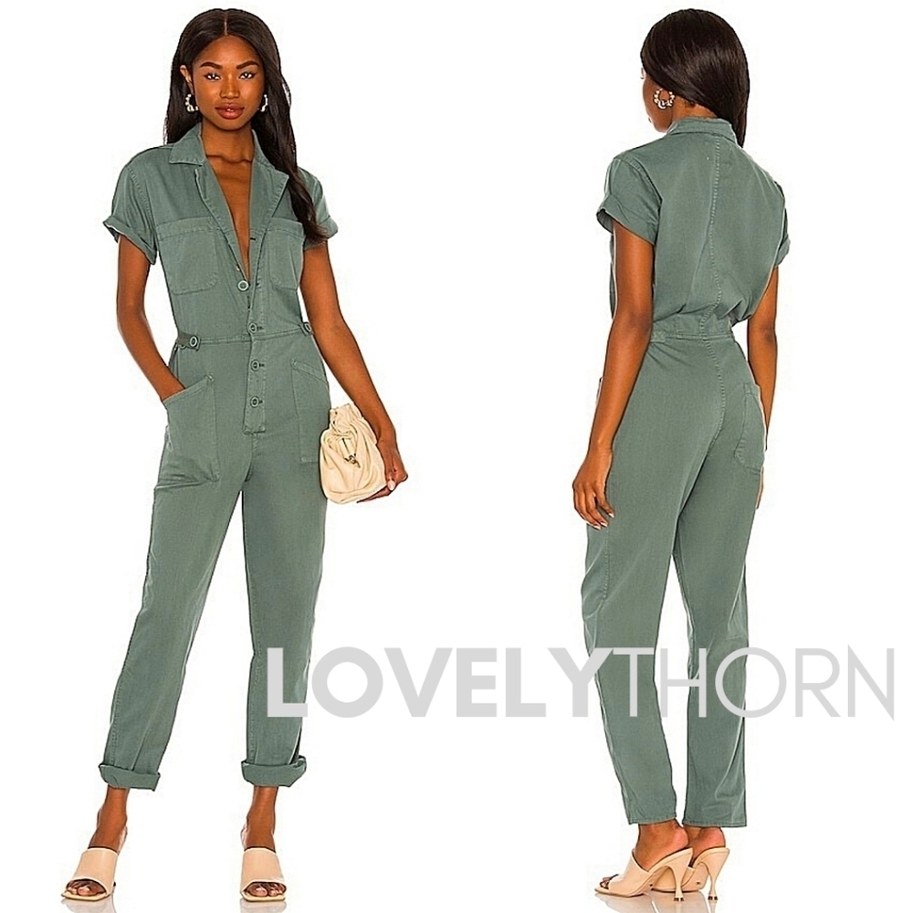PISTOLA // blogger fave olive green grover short sleeved utility style jumpsuit